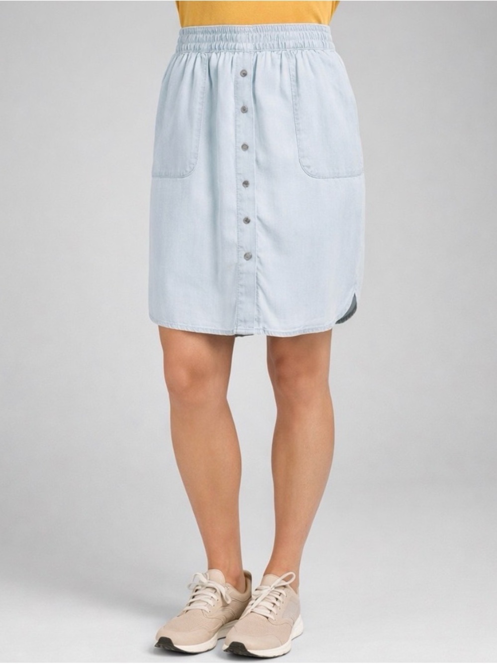 GUC Prana TENCEL Denim Shelly Skirt Above Knee Button-Down Front Patch Pockets